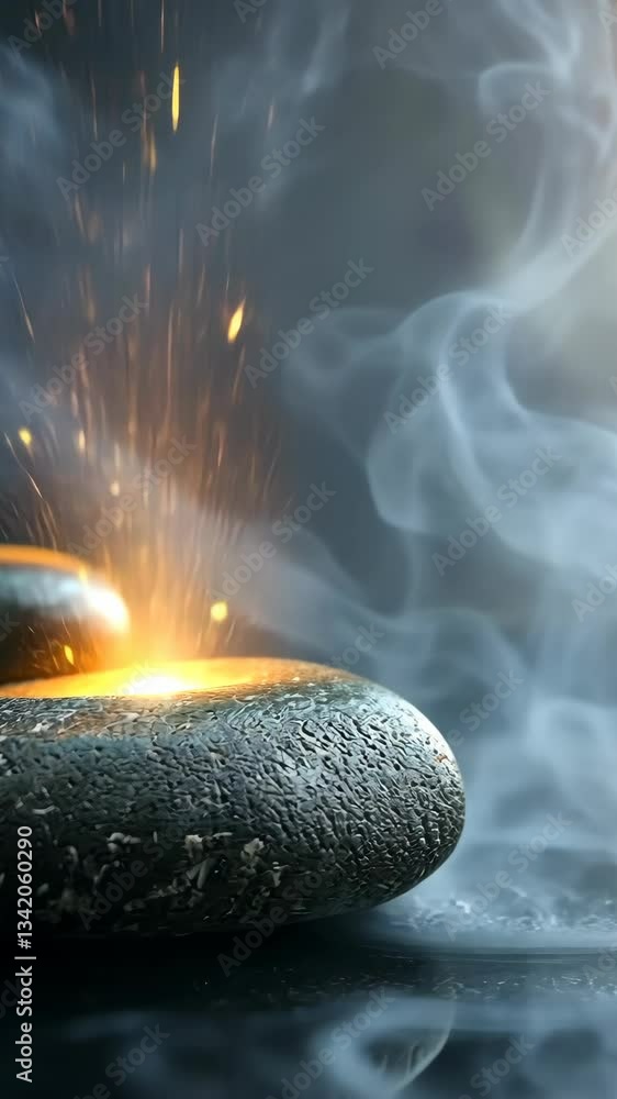 Poster relaxing hot stones resting on a smooth surface with glowing sparks in a tranquil setting