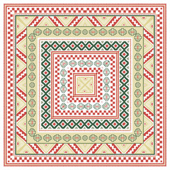 Intricate geometric pattern with layered borders in red, green, and cream, featuring stars, diamonds, and zigzag motifs, Traditional Textiles art and Cultural and a link to heritage print pattern, squ
