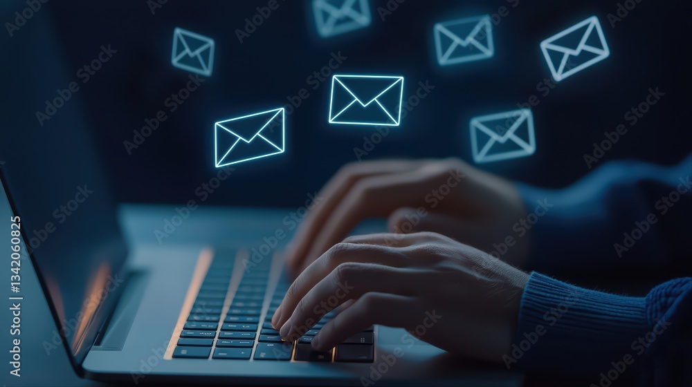 Aufkleber close-up of hands typing on laptop with floating email icons in a business communication concept