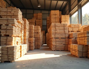 Piles of wooden boards at lumber warehouse store. Wood timber stack of wooden planks construction material. Woodworking industry product. Lumber warehouse storehouse with processed timber stack for