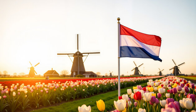 Dutch flag waving in tulip fields with windmills, serene countryside