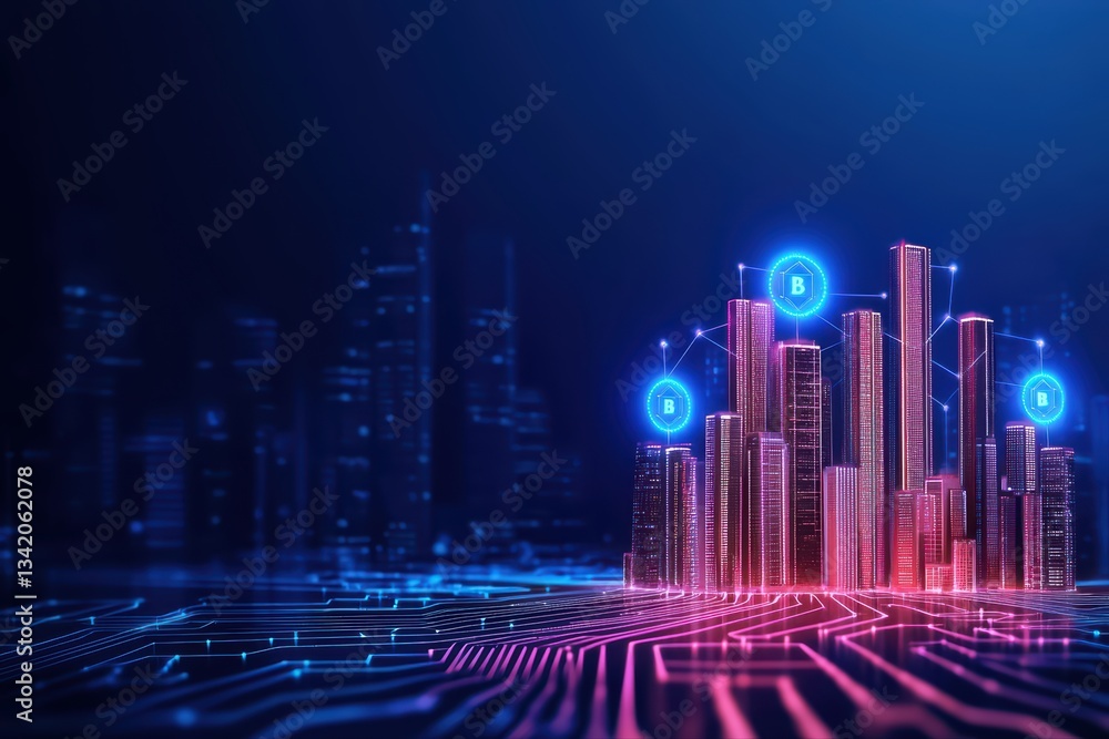 Aufkleber futuristic cyber network infrastructure with glowing skyscrapers and digital connection nodes