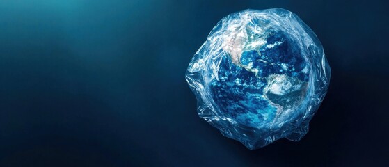 Fototapeta premium Earth globe suffocating in plastic bag on dark blue background Concept of environmental pollution, climate change, and global warming