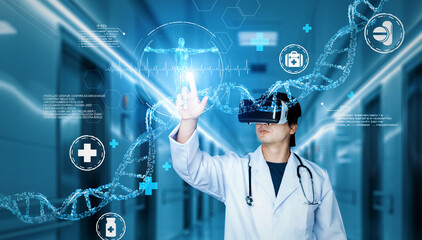 Doctor pointing at medical data while diagnosis symptom by using VR glasses. Doctor wearing lab coat and augmented reality goggles while looking human organ hologram. Healthcare concept. Ingenuity.