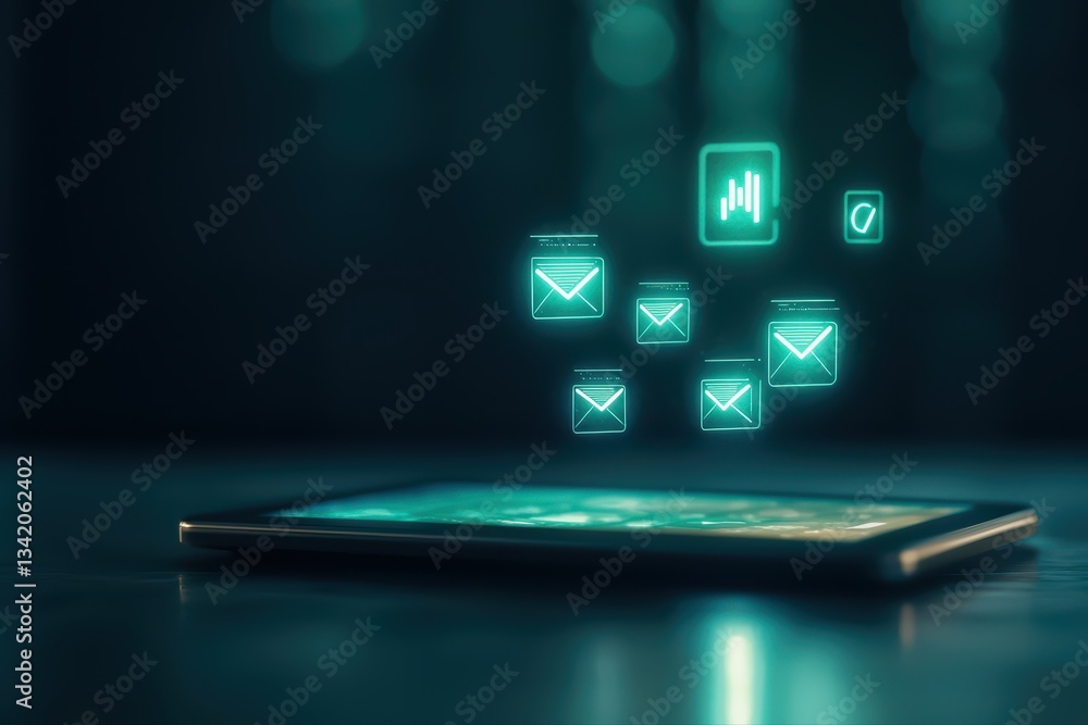 Aufkleber digital marketing concept on tablet with floating email icons and statistics graphs
