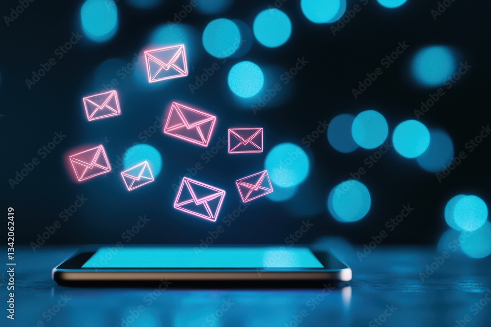 Poster digital marketing concept with email notifications displayed on a tablet in a modern setting