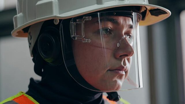 Close-up of a woman wearing a hard hat and face shield, focused on her task in a construction setting. Safety is a priority as she prepares for the day ahead