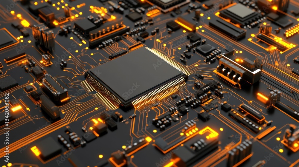 Poster close-up of a circuit board with glowing orange traces and a central processor