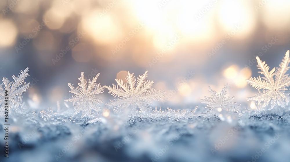 Poster macro shot of delicate snowflakes with golden light bokeh background