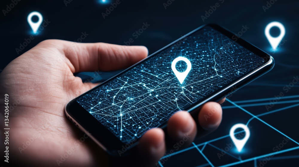 Poster hand holding smartphone displaying global tracking concept with geolocation pins on map