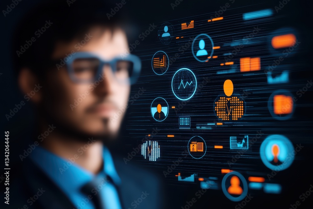Poster futuristic digital concept of human resources technology with data visualization on display screen