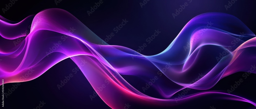 Poster abstract purple and blue flowing wave background with dynamic light effects, creating a modern and e
