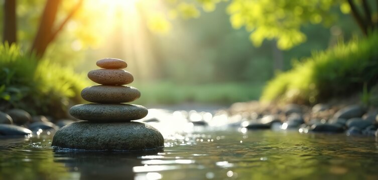 Stacked stones in water stream, zen harmony. Rock balancing for spiritual renewal, holistic health. Wellness retreat scene with light. Calmness, relaxation, meditation for stress relief, mental