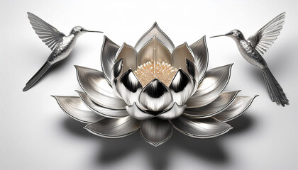 Top view of a silver chrome lotus flower with a humming bird, white background
