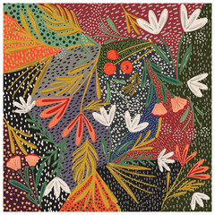 seamless colorful abstract floral pattern with various flower and leaves shapes and dotted texture in colorful shapes, The hand drawn style and colors give the pattern a luxury stylish feel.