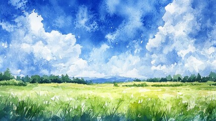 Watercolor Landscape Painting of Serene Field