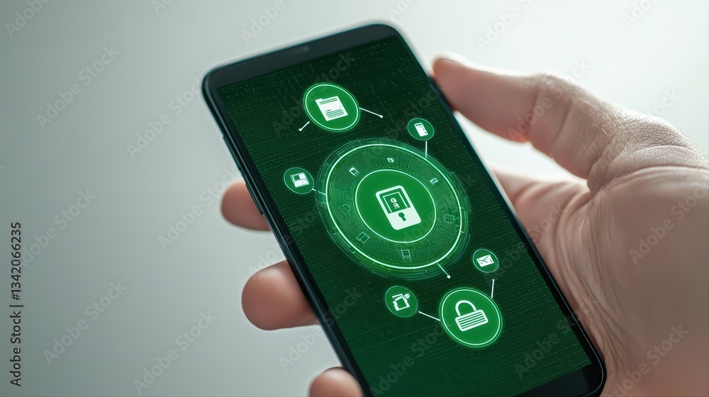 Poster close-up of person using smartphone for online banking with security icons on screen