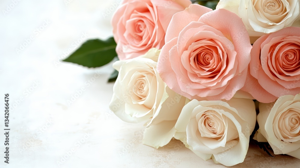 Poster bouquet of white and pink roses. the roses are arranged in a way that they are all facing the same d
