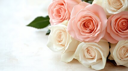 Obraz premium Bouquet of white and pink roses. The roses are arranged in a way that they are all facing the same direction. The bouquet is placed on a white surface, which gives it a clean and elegant look