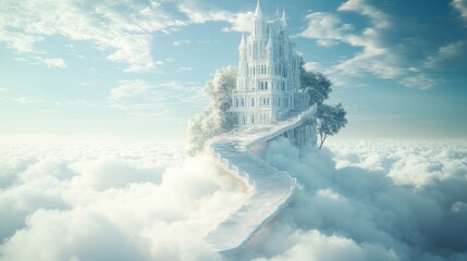 White Castle on Cloudscape: A Dreamlike Fantasy Scene