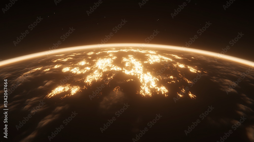 Poster view of a planet from space with illuminated surface details