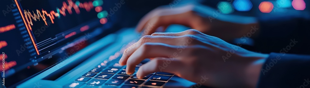 Poster hands typing on laptop with stock market data visualization in background