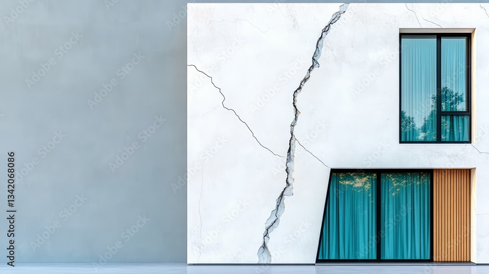 Aufkleber Building with a large crack in the wall and a window with blue curtains. The building appears to be in a state of disrepair