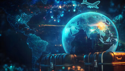 Global Travel Digital World Map, Airplane, Suitcases, Journey