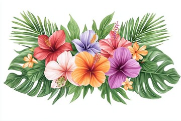 Lush Tropical Floral Arrangement Featuring Vibrant Hibiscus and Tropical Foliage Elements