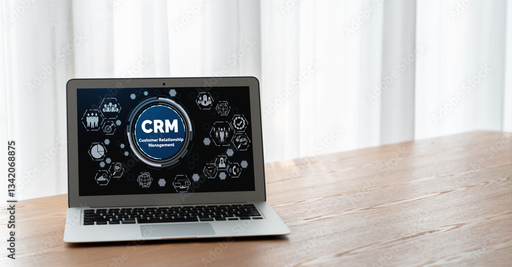 Aufkleber customer relationship management system on modish computer for crm business and enterprise