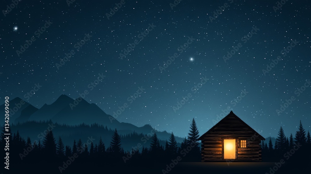 Poster cabin in the woods with a bright light shining through the window. the cabin is surrounded by trees 