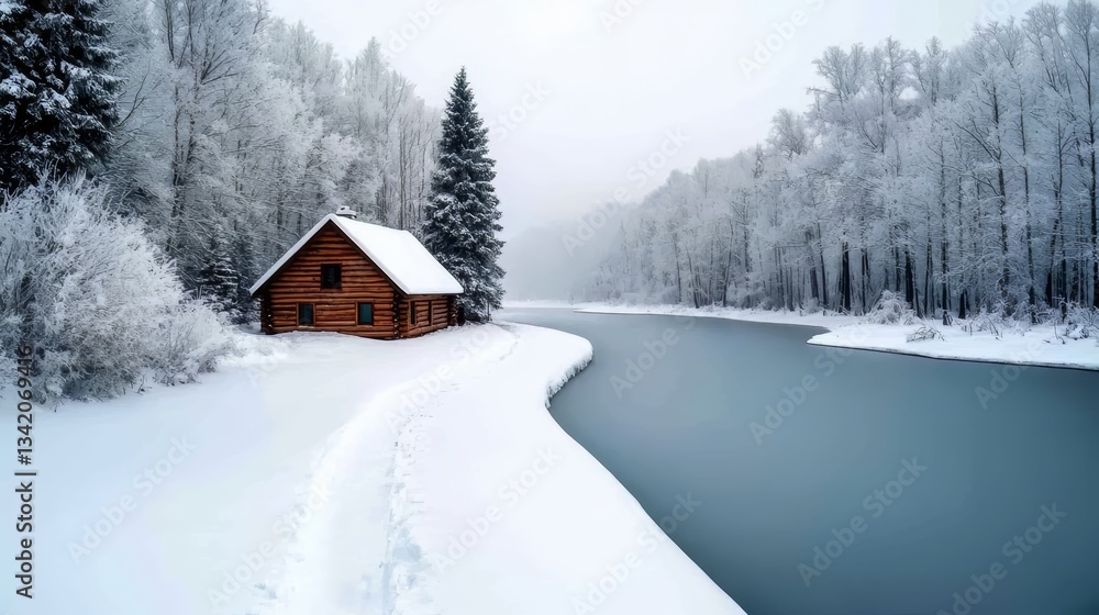 Poster cabin is situated on the side of a river in the snow. the cabin is surrounded by trees and the river