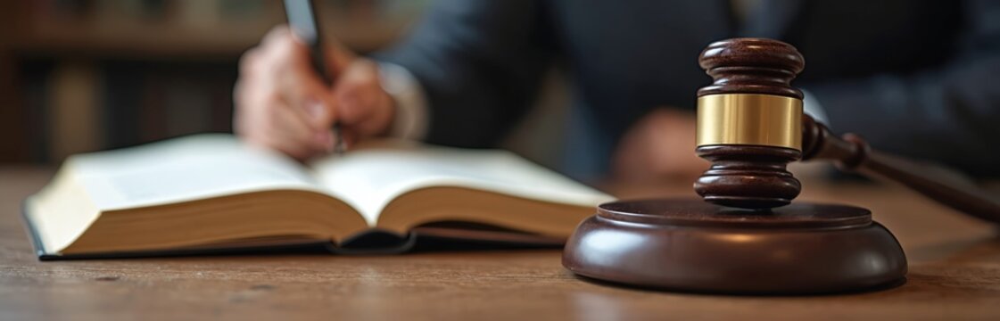 Photo shows testament review meeting with lawyer. Gavel, open book on table. Legal accuracy, document clarity ensured during distribution, inheritance amendment, estate validation, compliance by