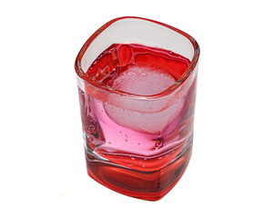 Isolated pink cocktail shot with ice cube. The white background enhances the clarity and focus on the drink. Gighlighting its vivid color and elegant presentation.