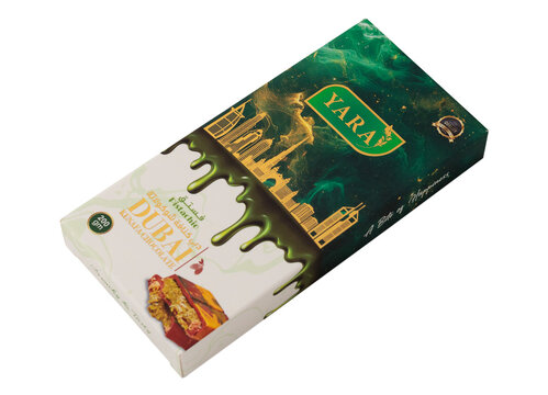 Packaging of Dubai Kunafa chocolate, Yara brand. Handmade chocolate with liquid pistachio paste