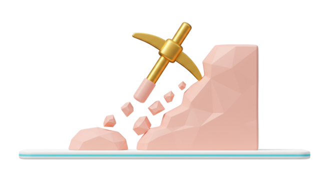 Isolated Golden Pickaxe Breaking Through Pink Rock Formation