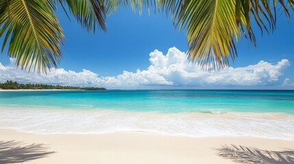 Tropical Beach Paradise: Azure Ocean, White Sand, and Palm Trees