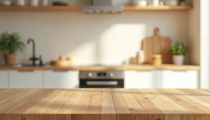 Wooden tabletop against blurred kitchen background. Modern white counter design, minimalist setting. Empty countertop surface for product display, culinary preparation, food montage, household decor.