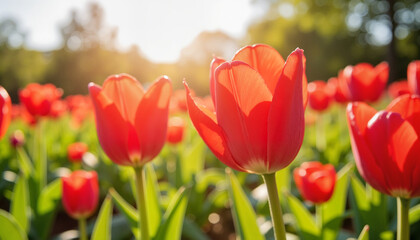 Red tulips blooming in sunlight
