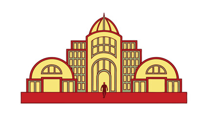 Fototapeta premium Stylized illustration of a grand palace or public building. Features multiple domes, symmetrical design, and a person approaching the entrance. Bold colors and simple lines create a striking vector.