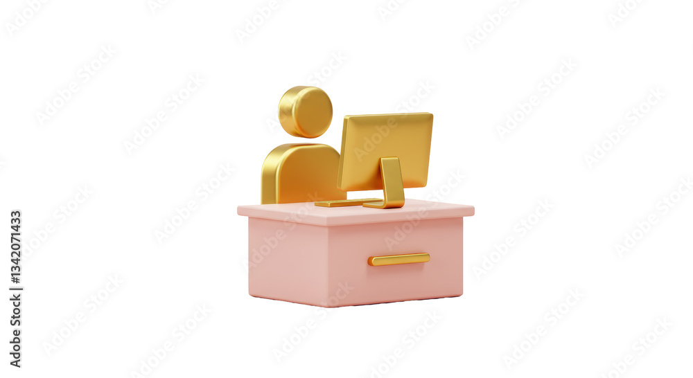 Poster isolated golden figure working at desk with computer