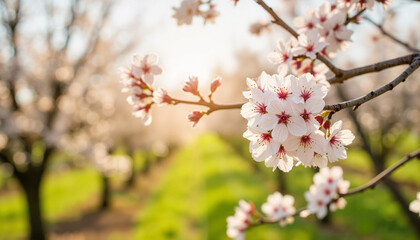 Fototapeta premium Cherry blossoms blooming in spring garden