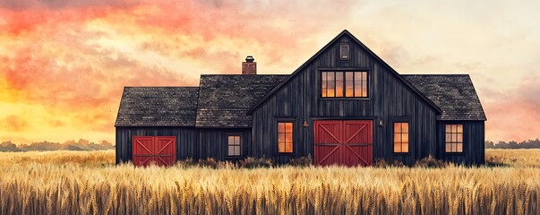 Charming farmhouse with a dark wood exterior, rustic red barn doors, and an expansive field of tall wheat, watercolor texture with warm tones of sunset, HD clarity