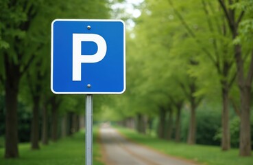 Blue parking sign against blurred background of green trees lining road. Informational sign offers guidance, assistance for drivers. Traffic regulation, street navigation, urban planning in city.