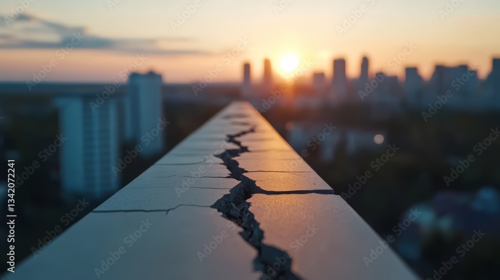 Poster city skyline with a large crack in the ground. the sun is setting in the background. scene is one of