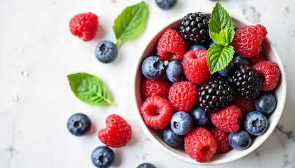 Obraz premium Bowl of fresh berries with mint leaves on a white background