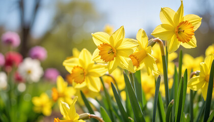 Fototapeta premium Yellow daffodils blooming in a sunny garden