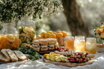 A delightful spring picnic set up for a family in the countryside. A neatly arranged spread of fresh sandwiches, fruit salad, and drinks is displayed on a cozy blanket. 