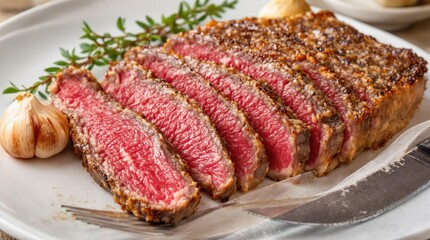 Beef round steak medium-rare sliced across grain on white ceramic plate, pink center gradient to seared exterior, thyme sprig and roasted garlic garnish, culinary display