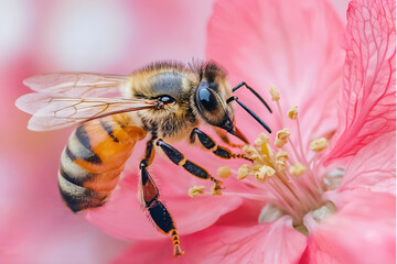 Macro shot of a honeybee collecting nectar from a blooming apple blossom. Detailed pollen grains and vibrant petals create a rich, natural texture. High-resolution, ultra-sharp focus.